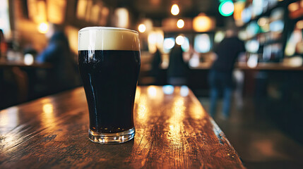 A pint of dark stout beer with a thick, creamy head, placed on an old rustic wooden table inside a traditional Irish pub, surrounded by dim lighting and cozy ambiance, with blurry background