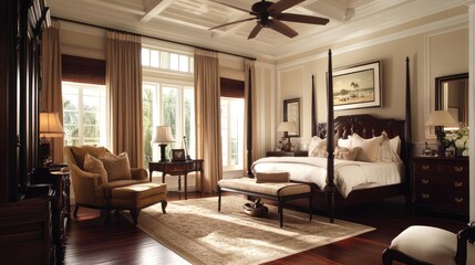 Fototapeta premium A traditional British colonial-style bedroom, with dark wood furniture, neutral tones, and ceiling fans, creating a timeless and elegant space