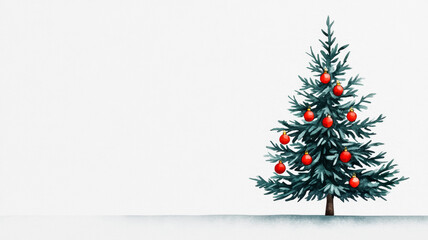 Minimalist watercolor Christmas tree with sparse branches and bright red baubles set on a cool winter grey background 