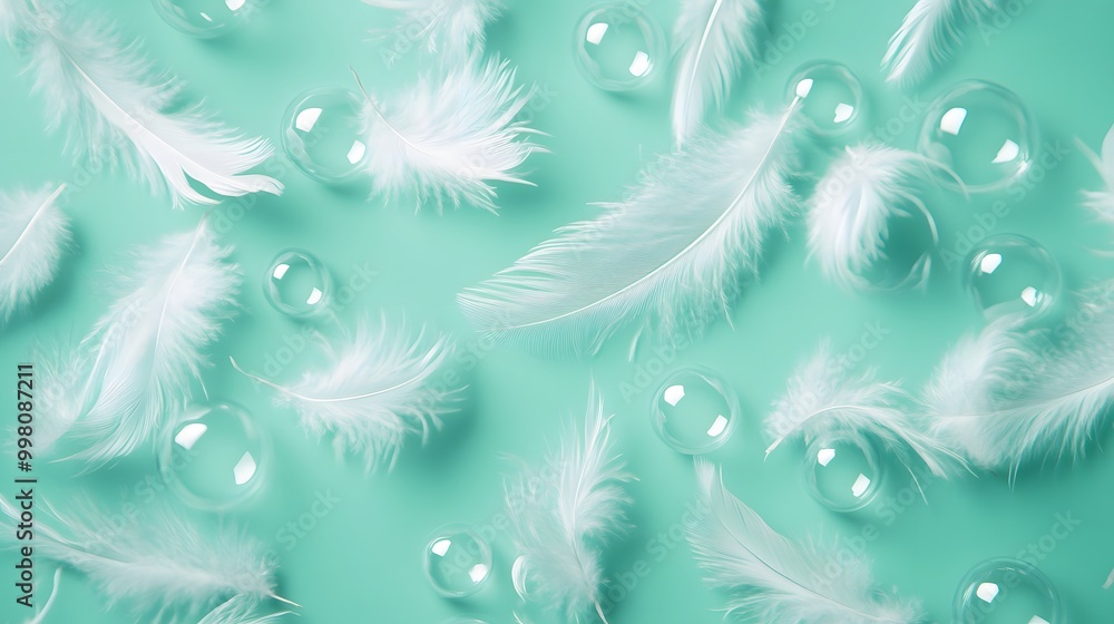 Poster a serene composition of white feathers and bubbles on a soft mint background, creating a tranquil an