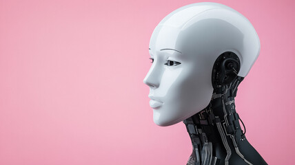 Minimalist white AI robot head with circuit like lines isolated on a pastel gradient background tech future concept 
