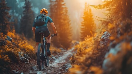 Naklejka premium Adrenaline Fueled Mountain Cycling Adventure Through Rugged Landscape