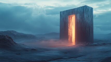 Monolithic structure with a glowing doorway in the middle of a desolate alien landscape 