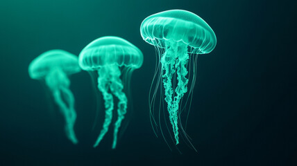 Fototapeta premium Neon jellyfish floating over a gradient of silver and midnight green representing the flow of time 