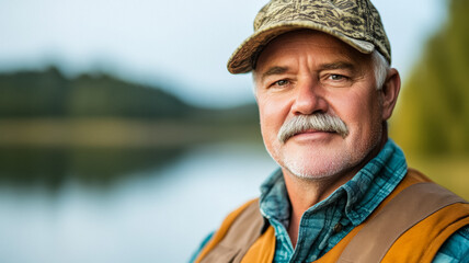 Older man with a horseshoe mustache fishing by a lake serene expression wearing a fishing hat and vest 