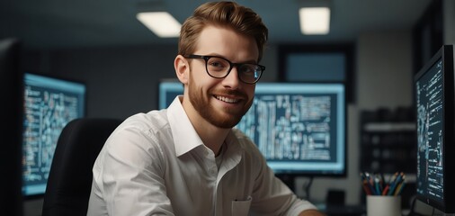 Diverse Office Enthusiastic White IT Programmer Working on Desktop Computer. Male Specialist Creating Innovative Software. Engineer Developing App, Program, Video Game. Writing Code in Terminal