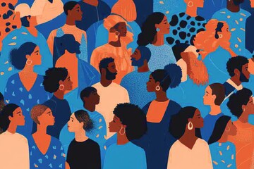 Vibrant crowd of diverse individuals in profile symbolizing unity diversity and social inclusion in a dynamic colorful design with overlapping shapes