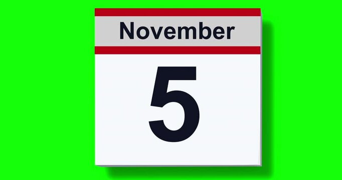 Calendar for November on green background flipping through days of month. Date change animation. Chroma key. 4k graphic motion