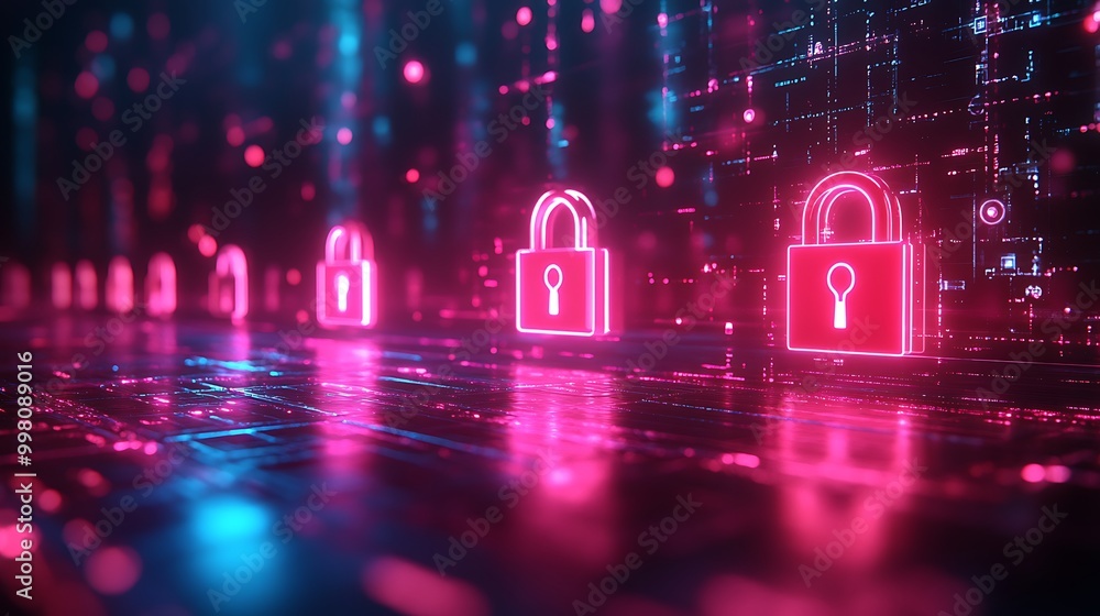 Poster neon padlocks glow in the digital web, a reminder of the need for cybersecurity in a networked world