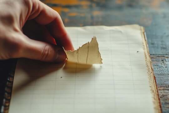 Close-up of hand tearing a page from a notebook on rustic desk - Powered by Adobe