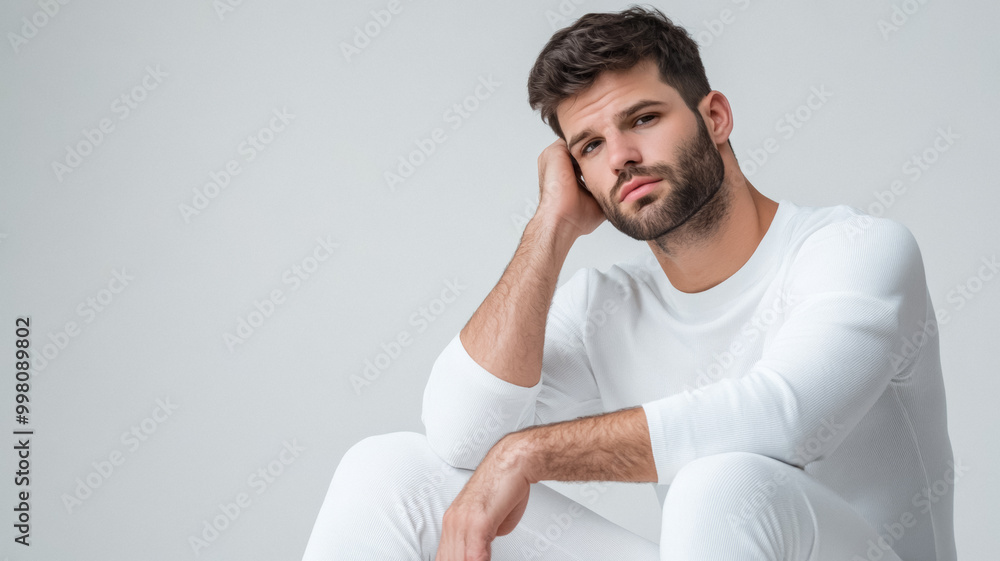 Wall mural pensive man in a minimalist white outfit sitting on a stool in a studio with soft shadows