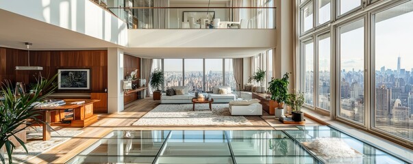 Fototapeta premium A luxury penthouse with an open-plan layout, floor-to-ceiling windows, and a suspended glass floor overlooking the city below