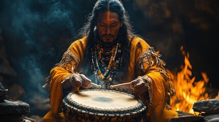 Native American Shaman Drumming by a Fire