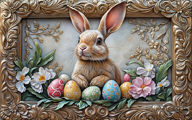 embossed oil painting of a rabbit with decorated Easter eggs