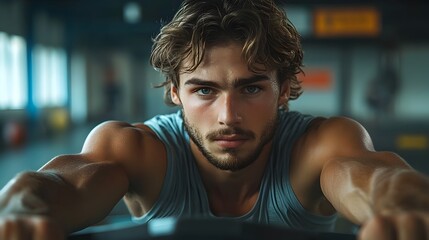 Competitive Athlete Intensely Training on Rowing Machine with Timer and Motivational Banners