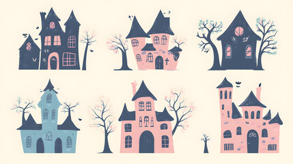 Simple pastel haunted house set of icons with smooth outlines and soft tones isolated on a clean background