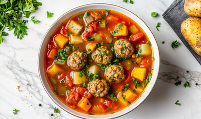 vegetable soup with meatballs seen from above on white marble table