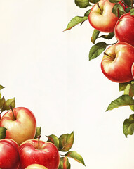 boarder of red juicy apples on a branch on a white background watercolor illustration with copy space for cards / invitations	
