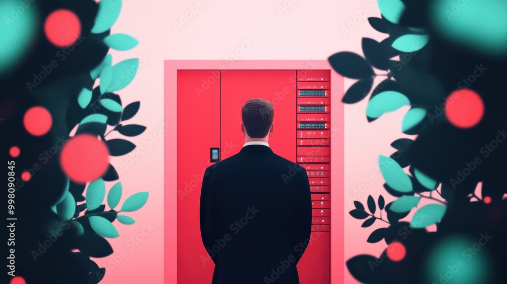 Poster a person wearing a security badge, standing in front of a server room, highlighting the importance o
