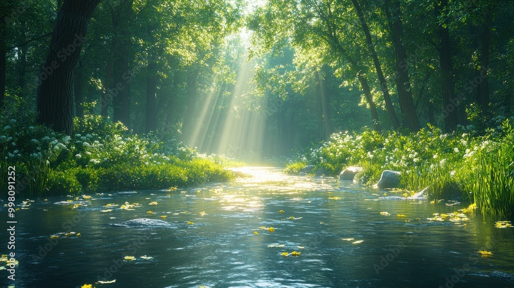 Canvas Prints Sunlight streams through the trees and illuminates a babbling brook in a lush green forest.