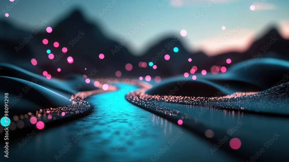Poster a river of data flowing through a digital landscape, symbolizing the constant movement and exchange 