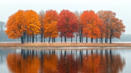 Fototapeta premium A row of vibrant autumn trees stand in a field, their colorful leaves mirroring in the still, snow-dusted waters of a tranquil lake.