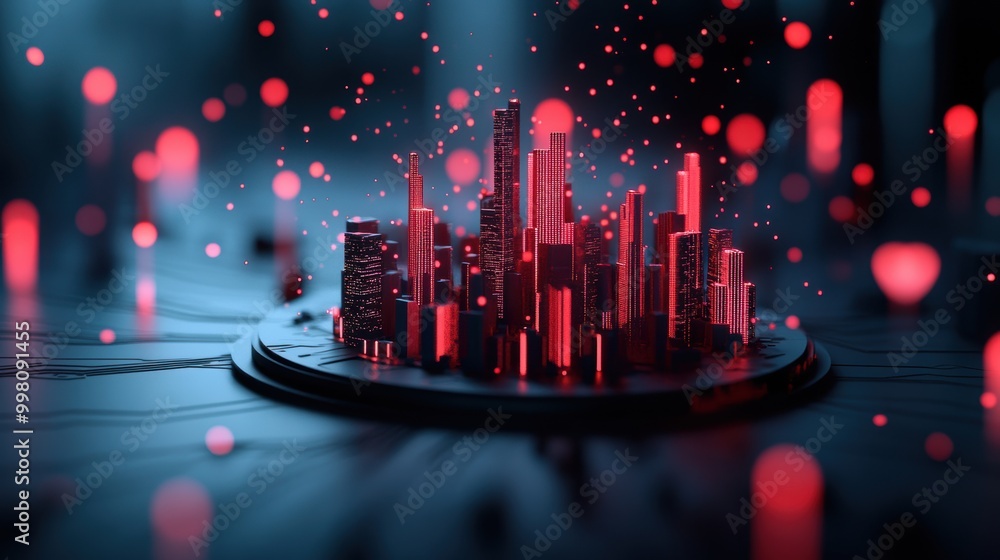 Poster a metaphorical image of a digital city under attack, with firewalls and security systems defending a