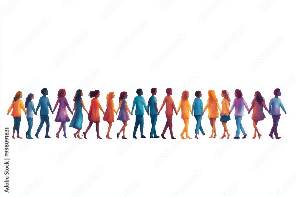 Poster illustration of a group of diverse individuals walking in unison symbolizing teamwork collaboration 