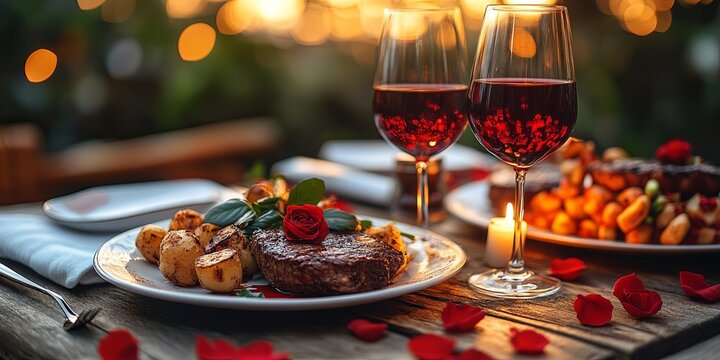 A romantic dinner setting with a single rose and a candle, two glasses of red wine, and a plate with a juicy steak and roasted potatoes on a wooden table with rose petals scattered around