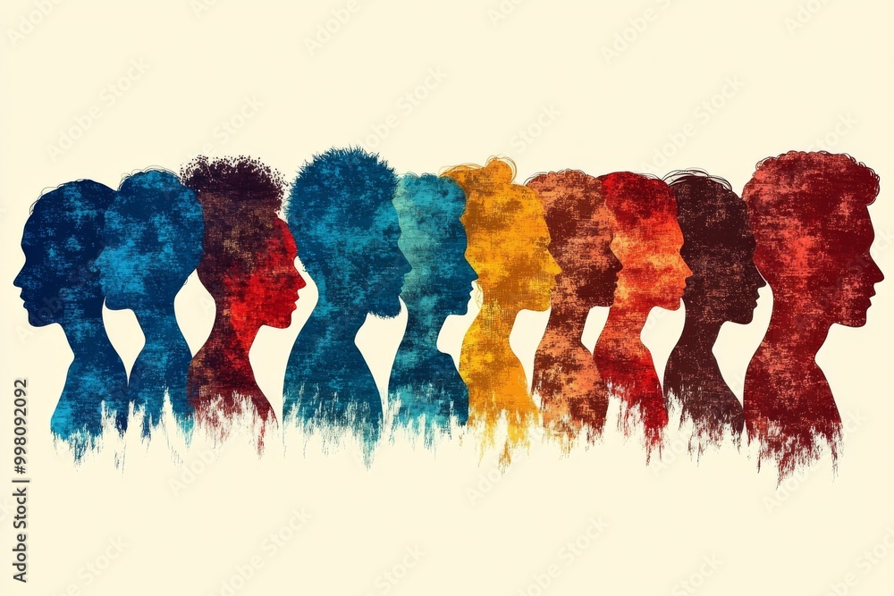 Poster abstract silhouettes of diverse faces in gradient colors symbolizing unity individuality and diversi