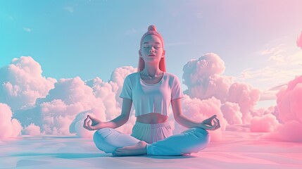 3D cartoon woman meditating, with soft pink and blue attire, a peaceful expression, and a calming pastel outdoor setting.