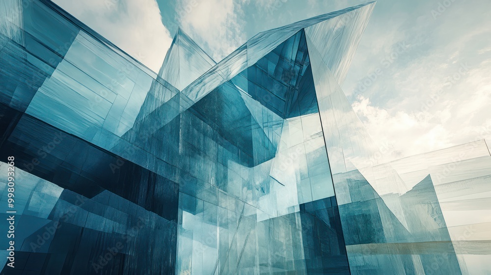 Poster multiple exposure of modern abstract glass architectural forms. generative ai
