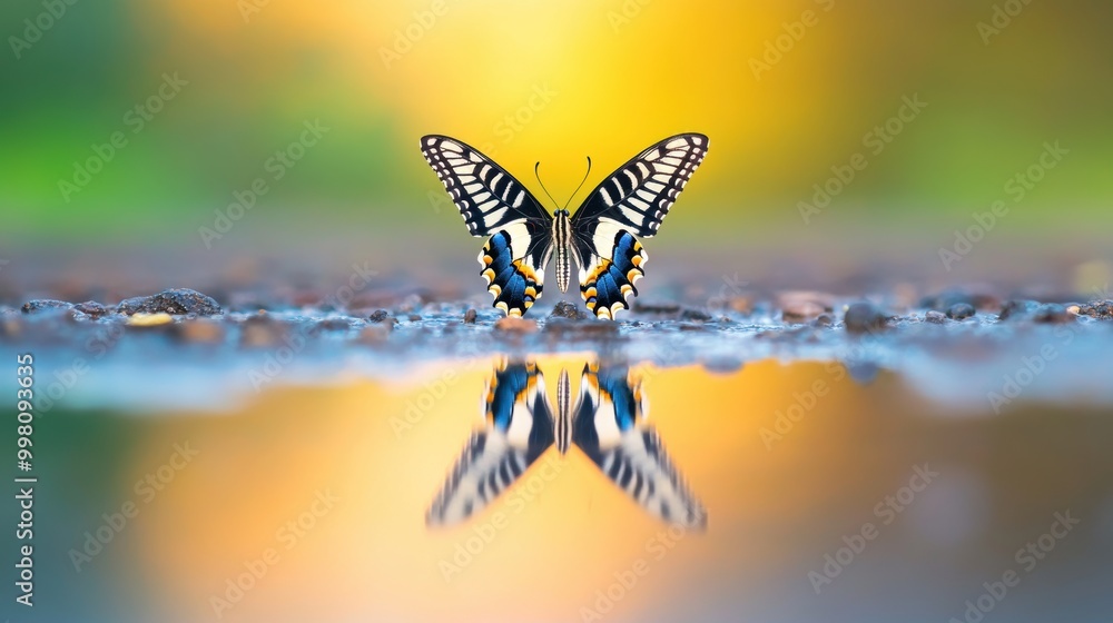 Poster a butterfly with its wings outstretched, with the reflection in a puddle creating a symmetrical imag