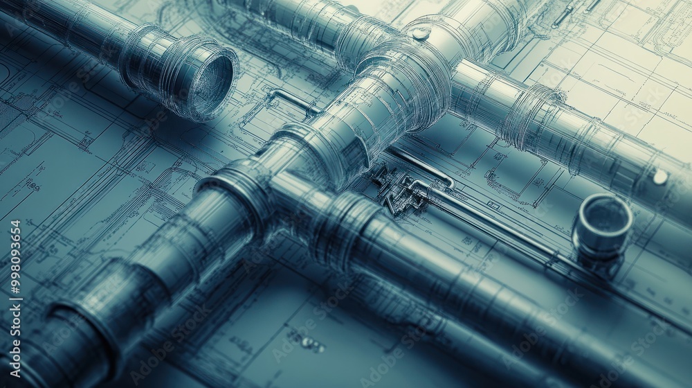 Aufkleber piping system blueprints merged with images of intricate industrial piping. minimal and simple style