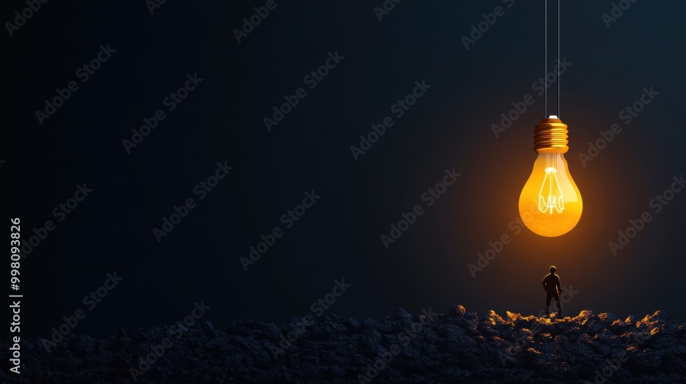 Poster a single light bulb illuminating a hand drawn illustration of a lone figure in a dark room, creating