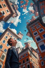 Man in Suit Looking Up at Floating Buildings