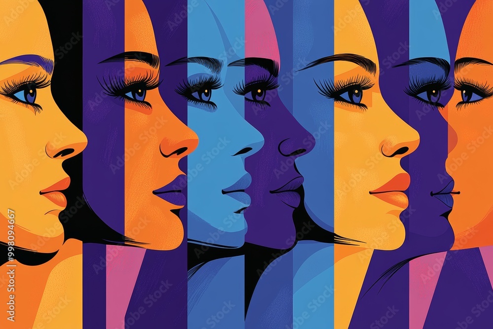 Poster multicolored abstract female faces in profile layered over one another to create a vivid and strikin