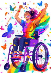 Woman in Wheelchair Celebrates with Confetti and Butterflies