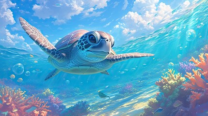 3D sea turtle, with gentle shell patterns, a serene expression, and a tranquil pastel coral reef backdrop.