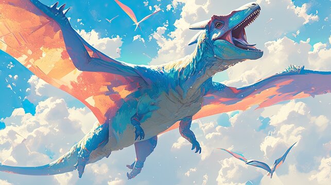 3D pterodactyl, with delicate pastel wings, and a sky filled with pastel clouds, creating a lively and dynamic scene.