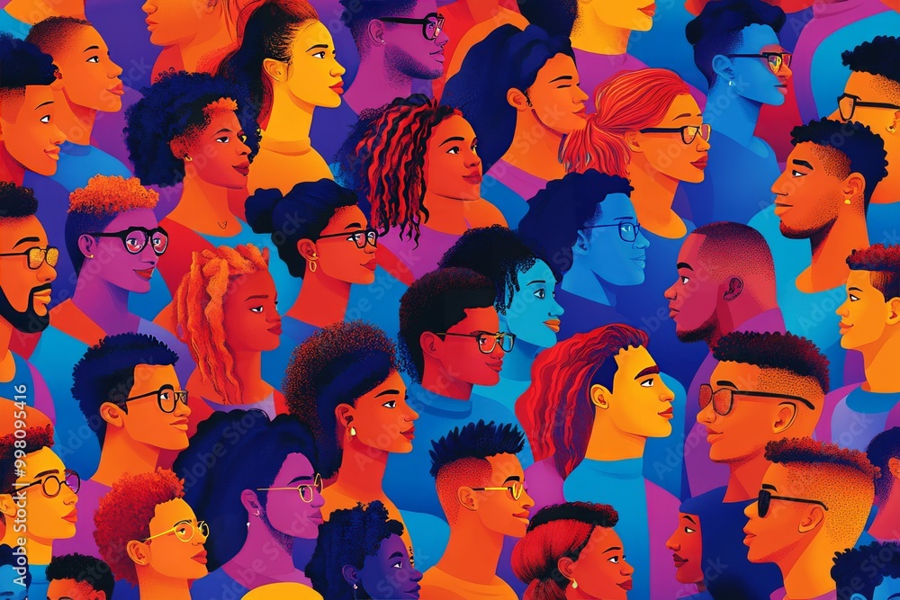Poster Vibrant illustration of diverse faces in profile layered to create a dynamic representation of cultural unity individuality and inclusion through bold colors and artistic expression