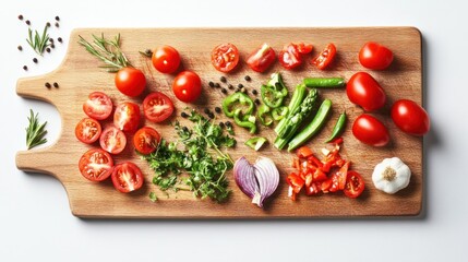 A cutting board with freshly chopped vegetables, isolated on a white background