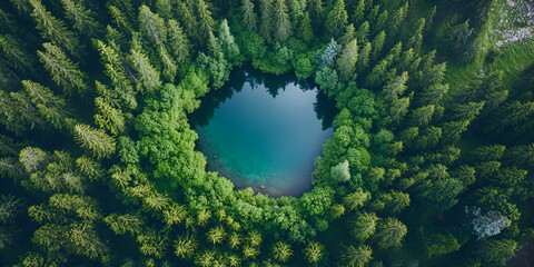 Aerial View of Forest Heart-Shaped Lake