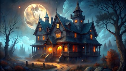 A haunted Halloween house in the forest on winter nights.