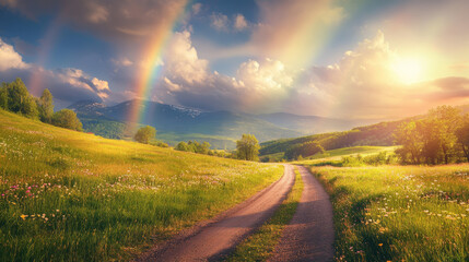 An enchanting summer mountain scene featuring lush green meadows bathed in the warm glow of evening sunlight. A picturesque rural road winds through the landscape, beneath a stunning rainbow arching 