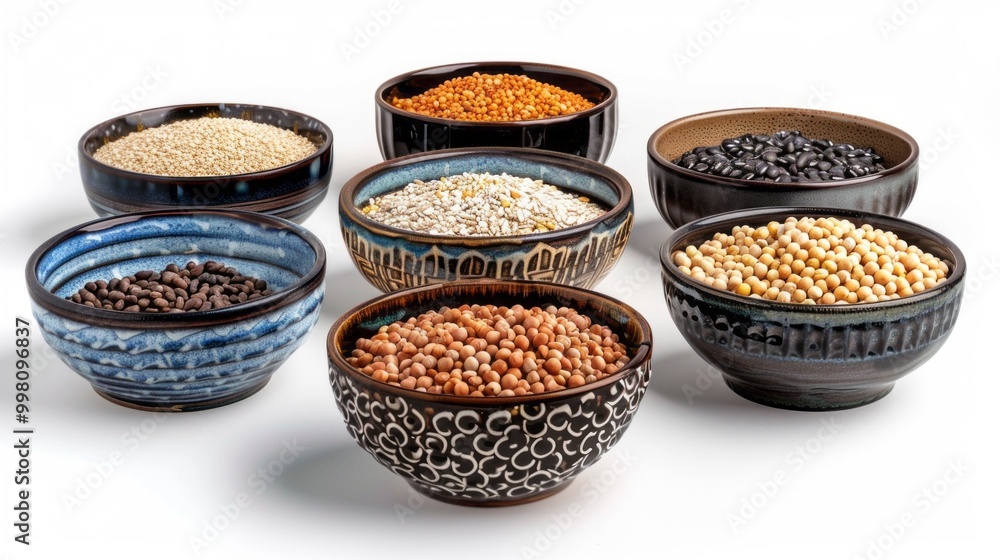 Poster a row of bowls filled with various types of beans and nuts