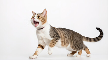 Obraz premium Cat showing anger, raised ears and visible feet, isolated on white background.