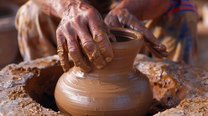 A serene image showing a potter shaping clay on a wheel. Hands covered in clay create a pot, evoking tradition and craftsmanship.