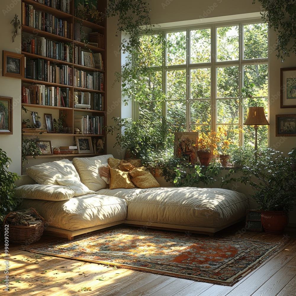 Canvas Prints A cozy living room with a large window, a couch, a rug, bookshelves, and plants.