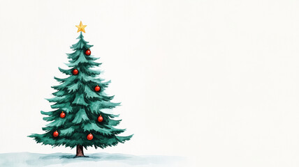 Fototapeta premium Watercolor Christmas tree in rich shades of emerald green adorned with delicate red and gold ornaments against a snowy white background 